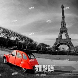 Eiffel Tower and old red car _Paris