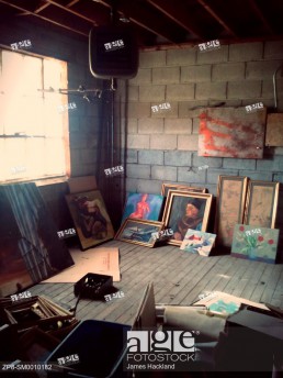 Paintings found in an attic storage space inside an abandoned building in Vaughan, Ontario, Canada. This building has since been demolished but a prop...