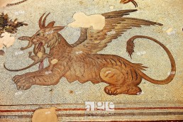 6th century Byzantine Roman mosaics of a mythical Griffin from the peristyle of the Great Palace from the reign of Emperor Justinian I. Istanbul, Turkey.